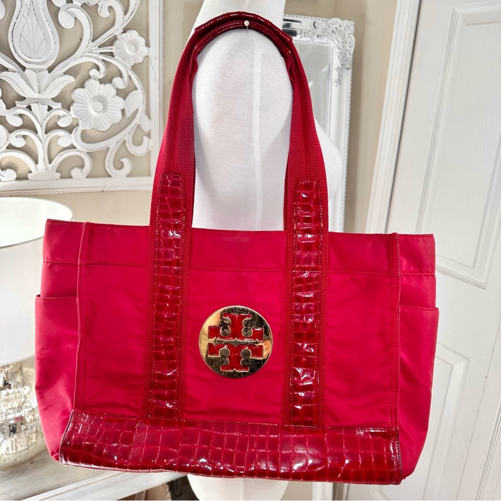 Tory Burch Red Nylon Croc Straps Large Tote Bag